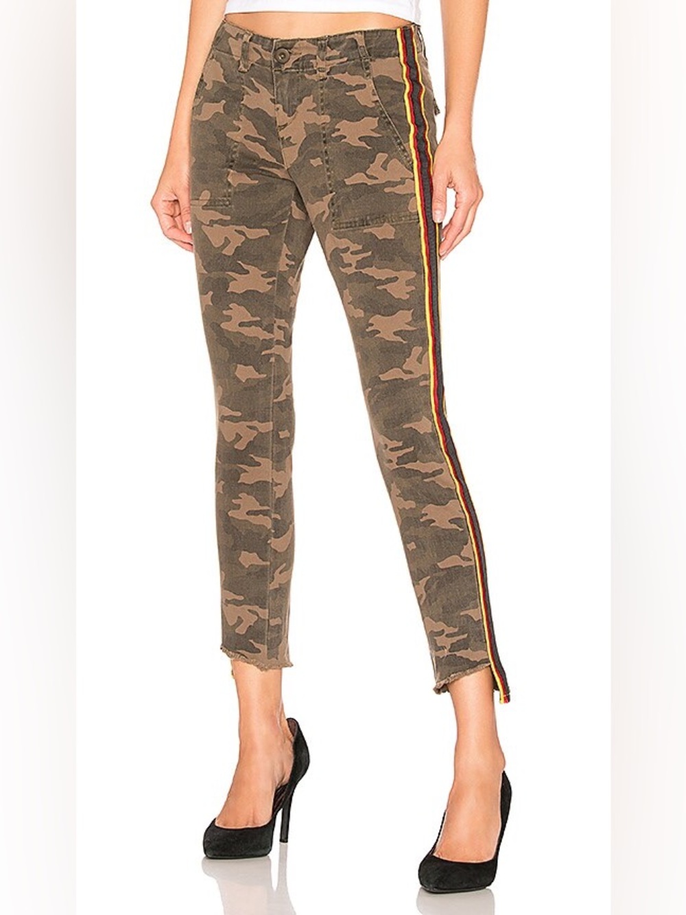 Pam & Gela Camo Side Stripe Pants Size 29 Army Green Crop Raw Hem Utility